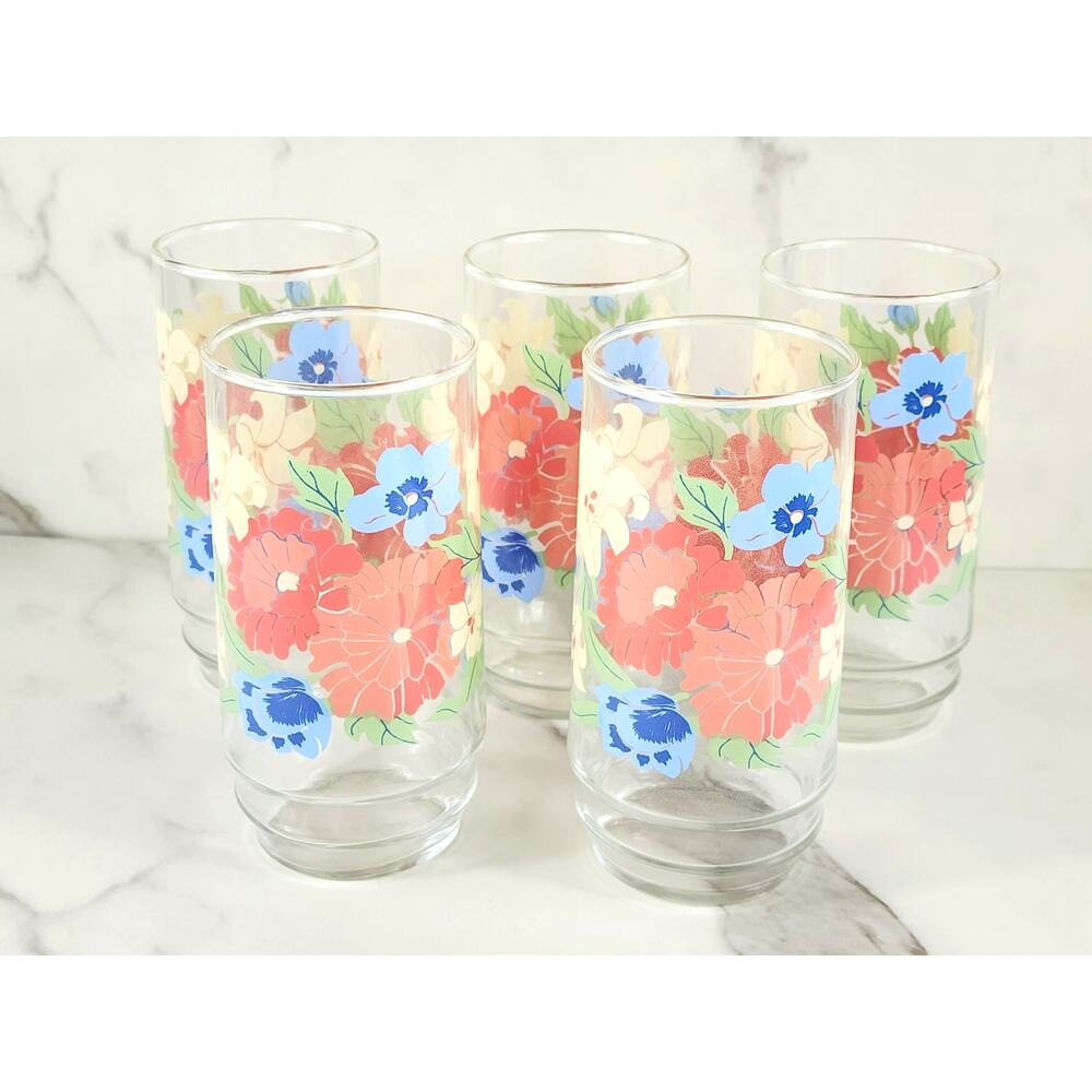 Flower Drinking Tall Glasses Floral 16oz Tumblers 6" Indiana Glass 60's x5 Vtg